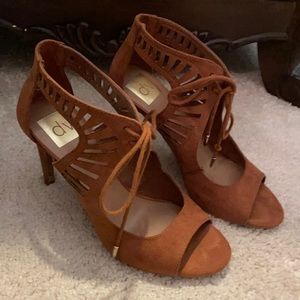 Camel suede cut out heeled sandals